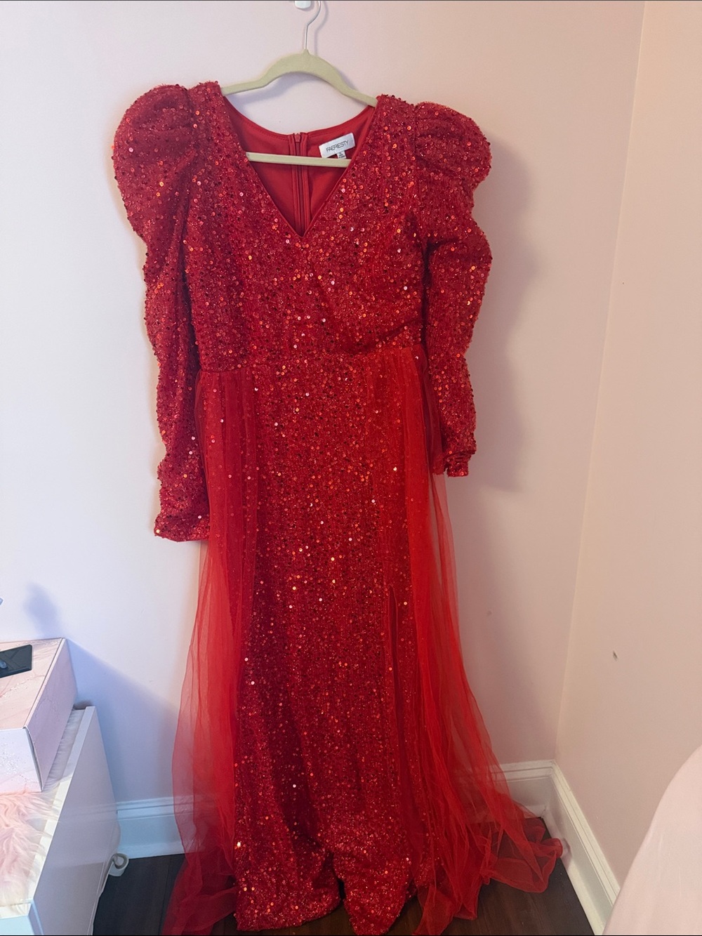 Girls Red Sequin Puff-Sleeve Tulle Dress